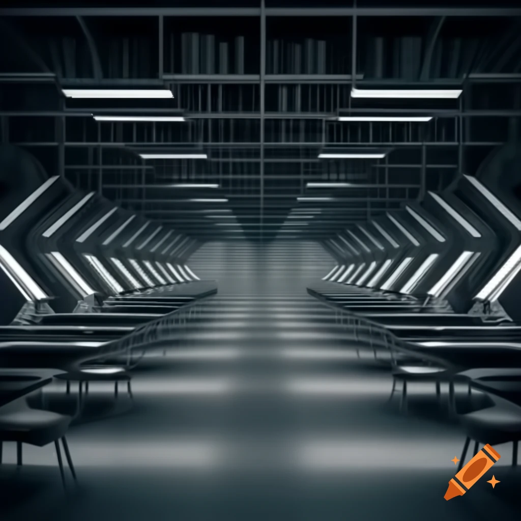 Empty futuristic brutalism style library interior in monochrome