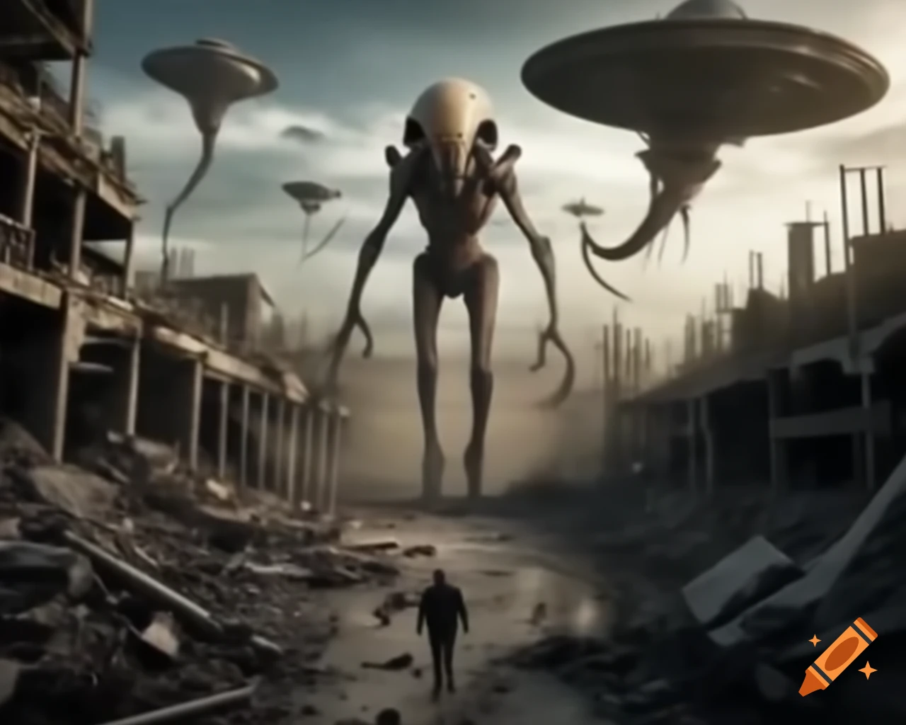 Realistic alien invasion scene with flying saucers and destroyed buildings