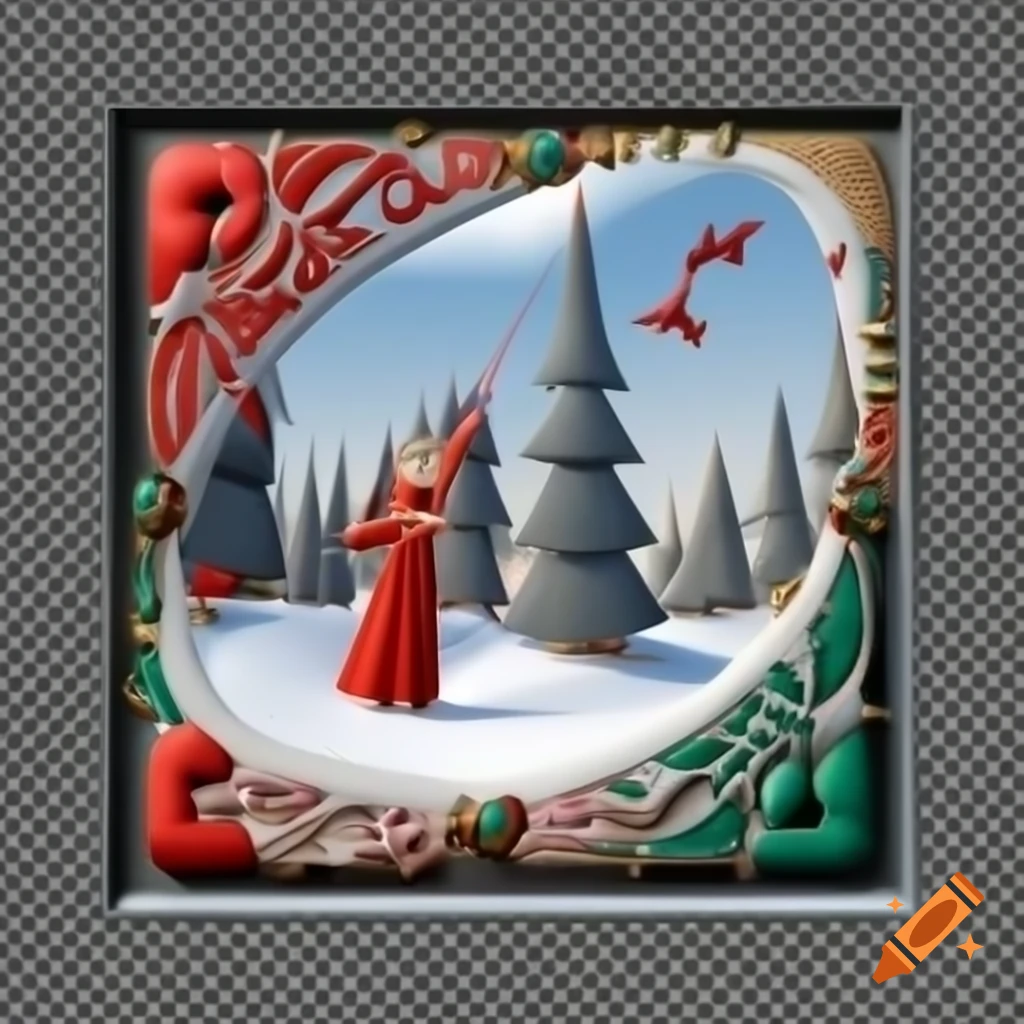 3D illustration of Christmas forest scene merging Native Salish and Russian fairytale motifs