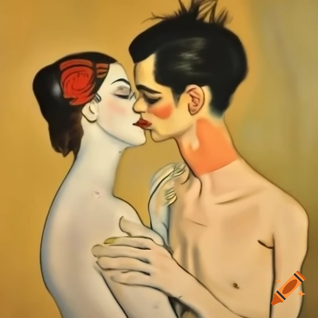Vintage oil painting of frog and woman kissing in Egon Schiele style