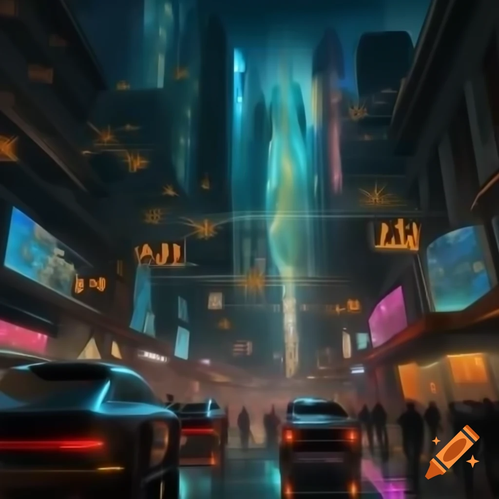 Bustling cyberpunk cityscape with Byzantine mosaics and neon lights