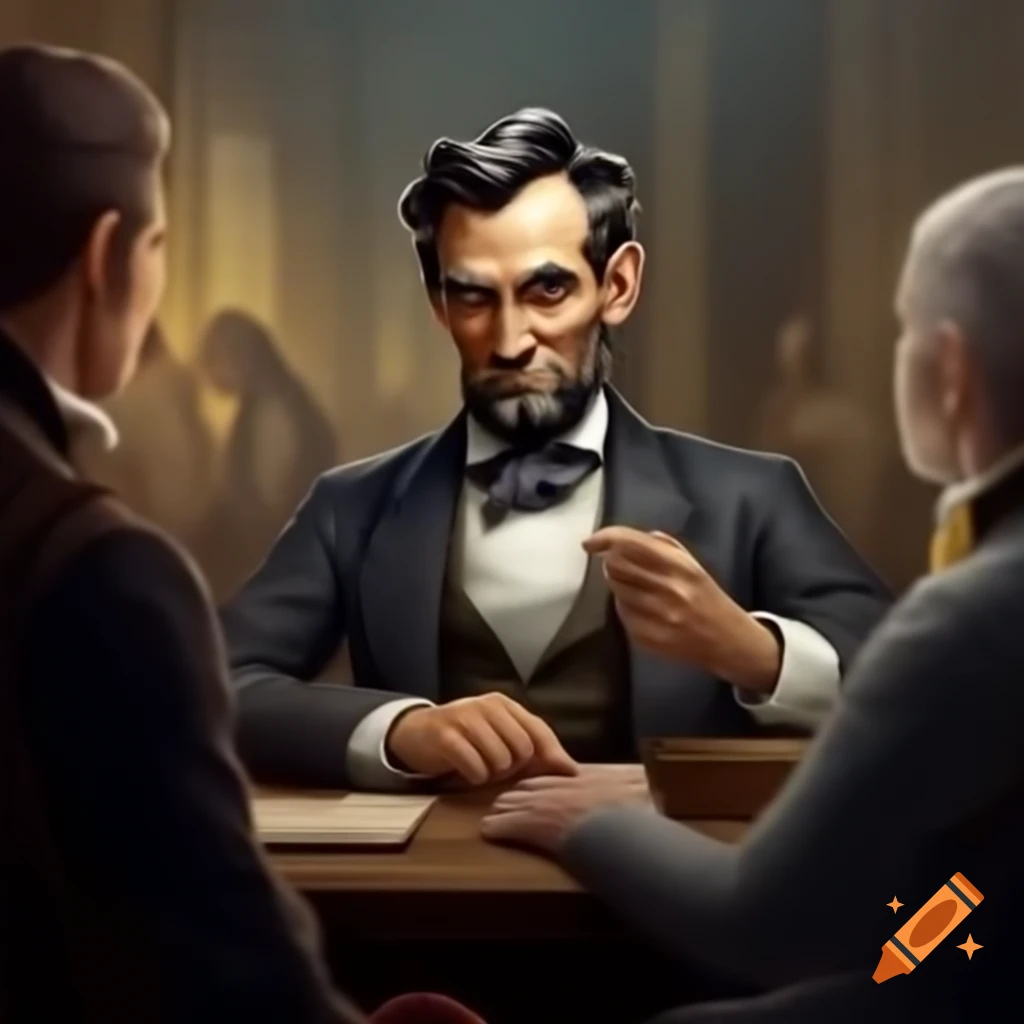 Abraham Lincoln smiling and shaking hands with former adversary in historical setting