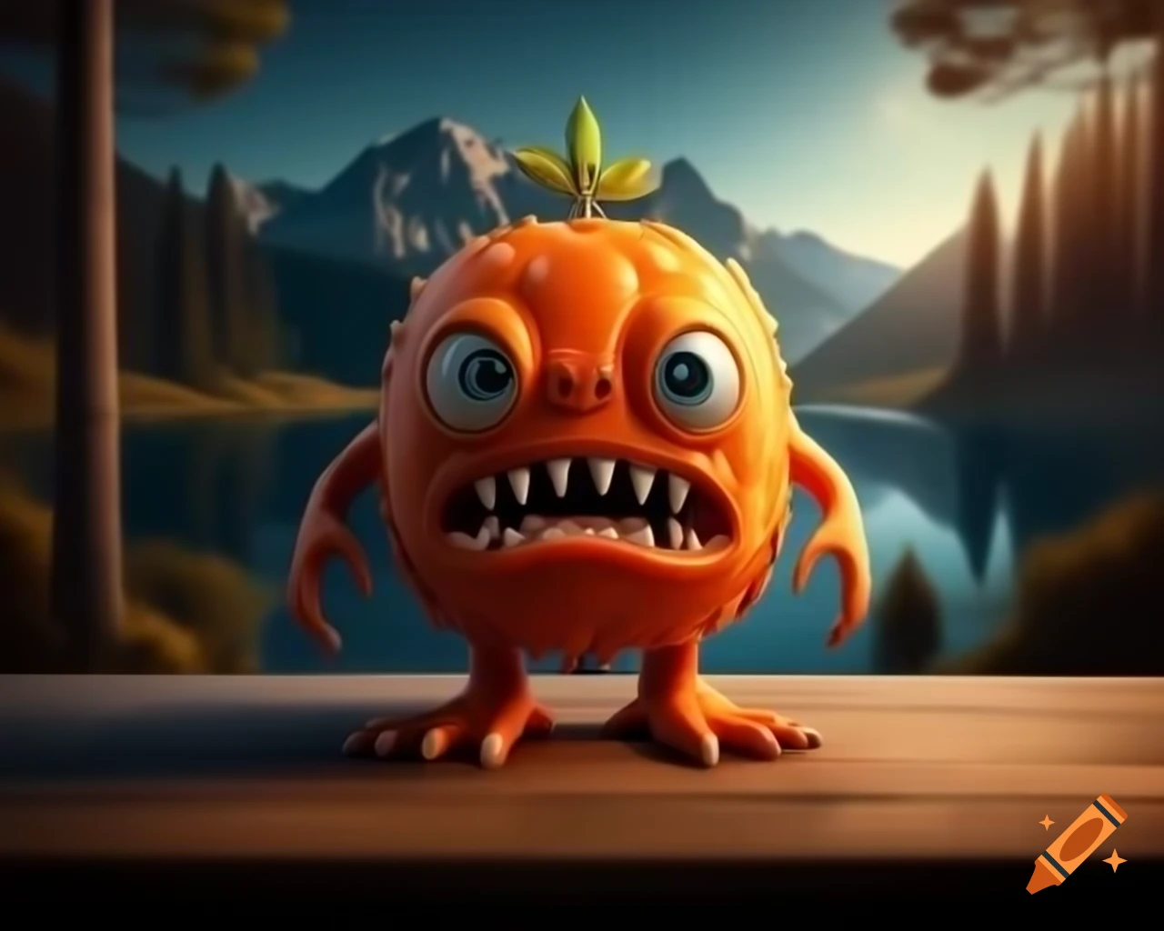 Hyper-realistic 3D orange fruit monster with human features on wooden table