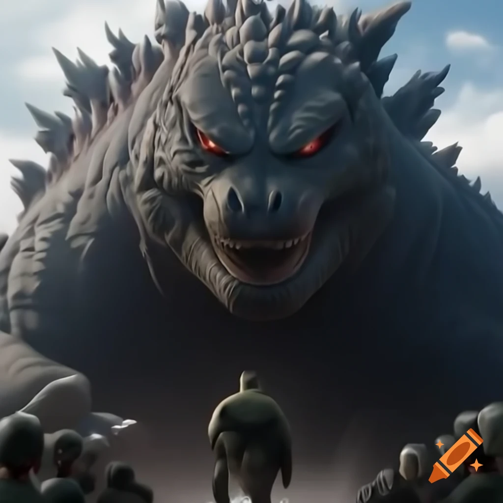 Putin riding Godzilla in Dream War, dramatic scene