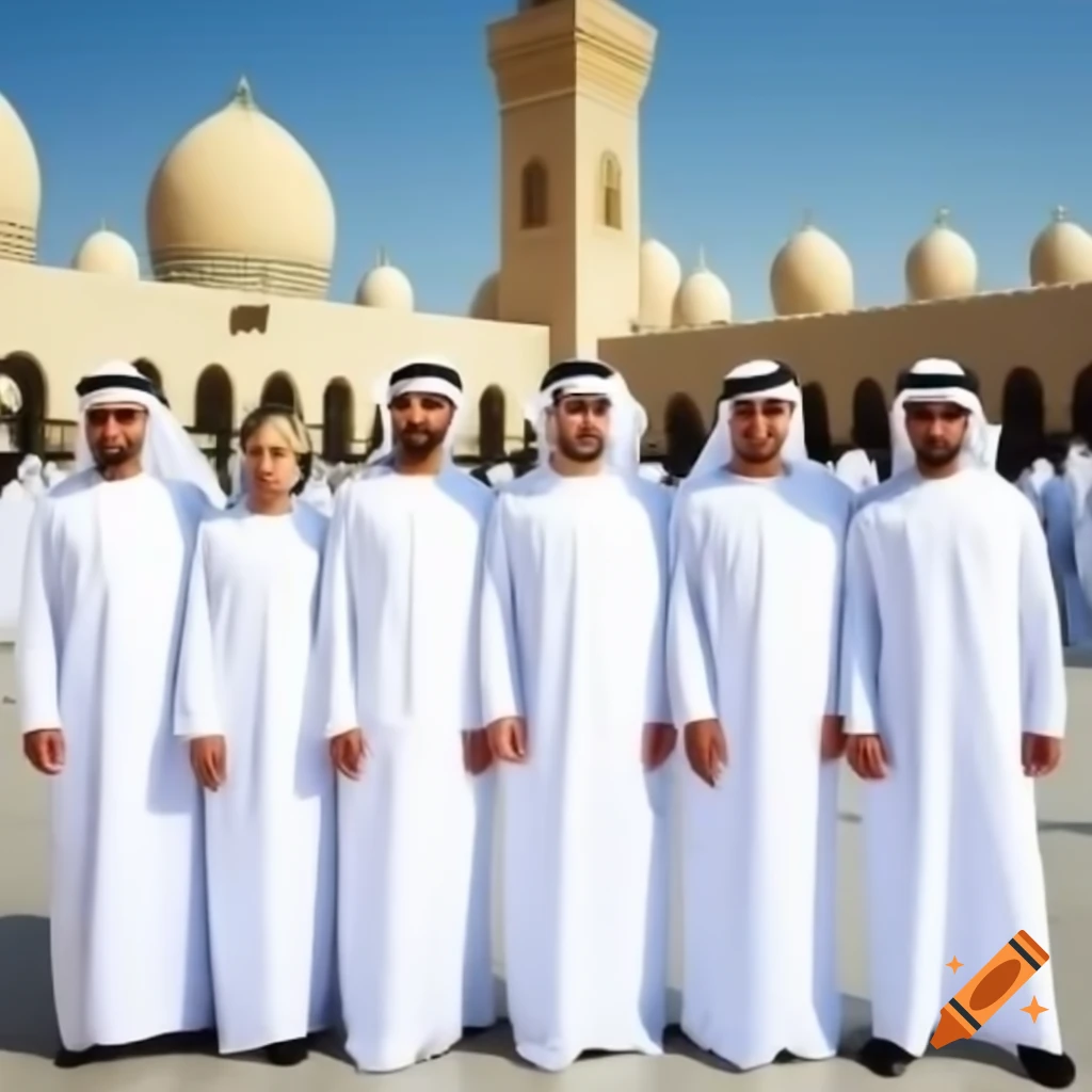 Five people in traditional Arab costumes with a mosque in the background