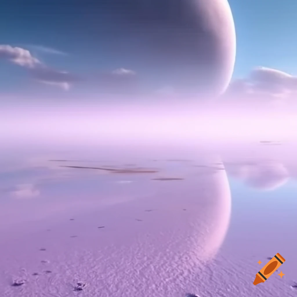 Lilac sandy plain with wet sand under pale lilac planet rising