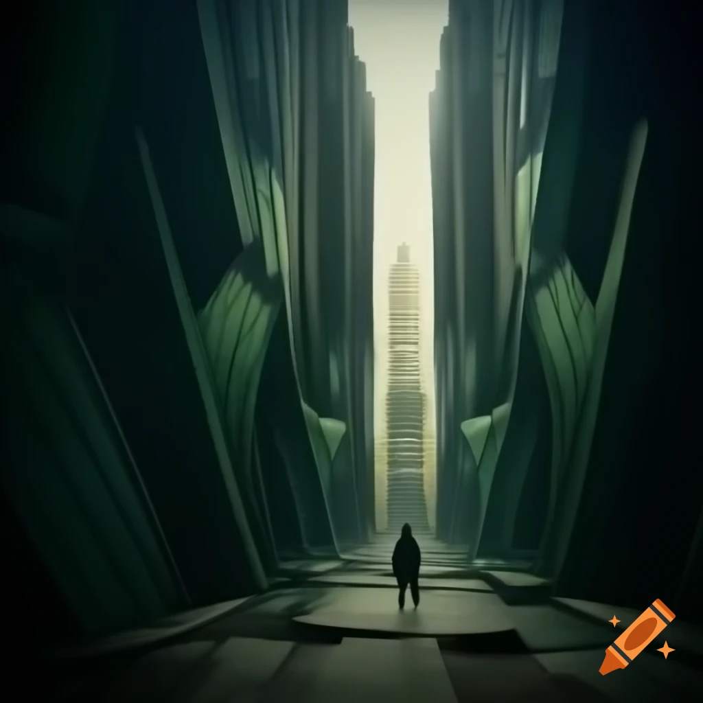 Dystopian future vision featuring Art Deco geometric elegance in deep blue and teal colors
