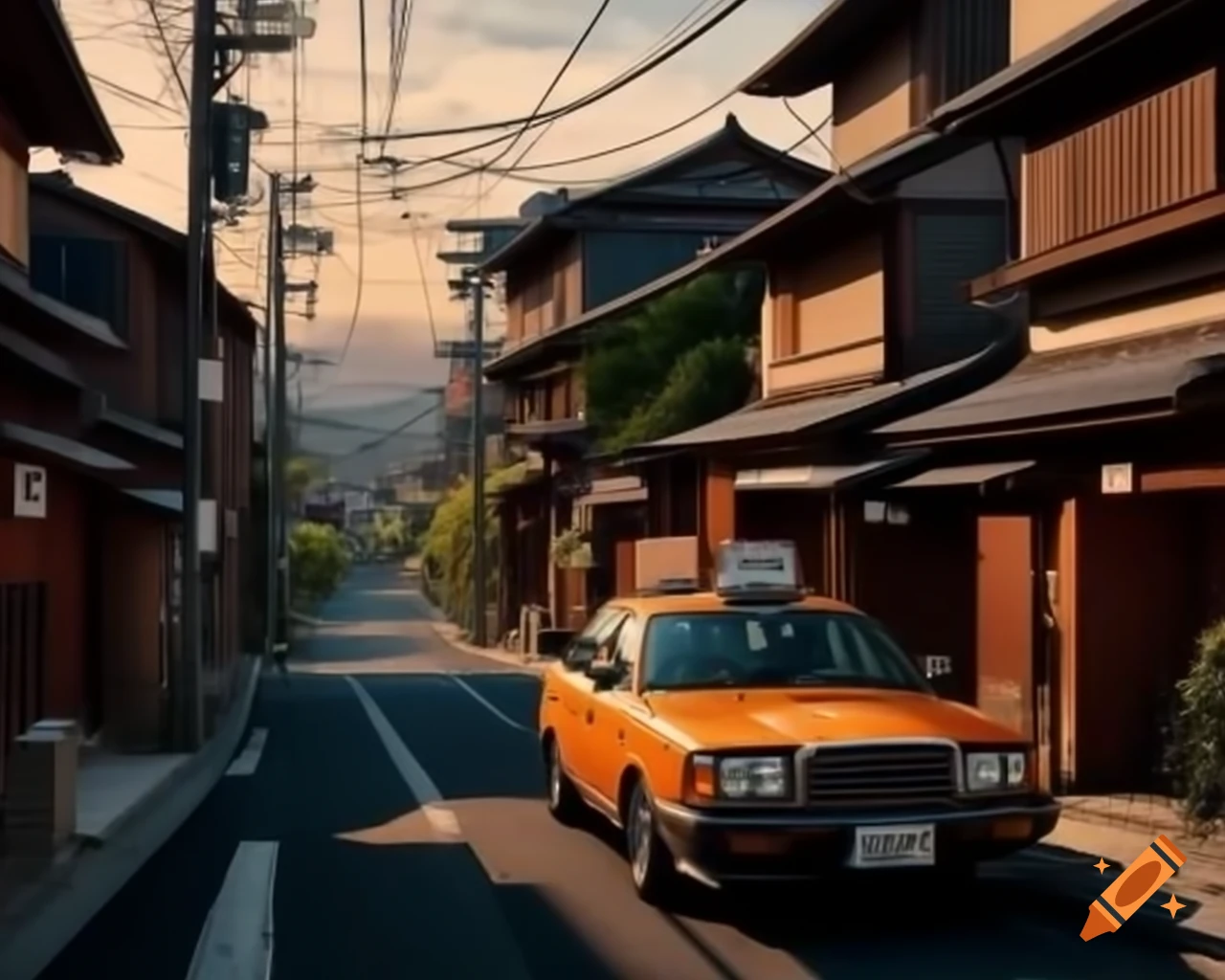 Taxi in Japanese neighborhood decorated with flowers at golden hour