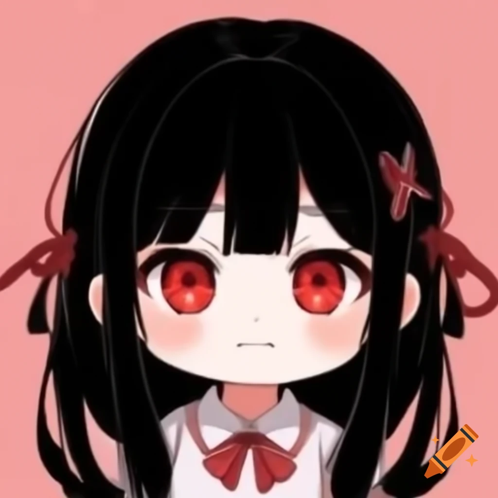 Anime chibi girl with black hair and red eyes