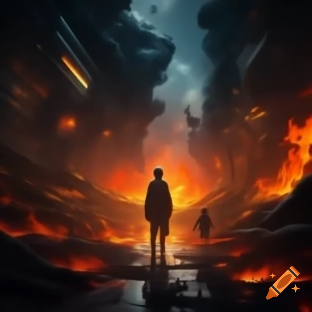 Sci-fi scene of burning fields in Asia with people