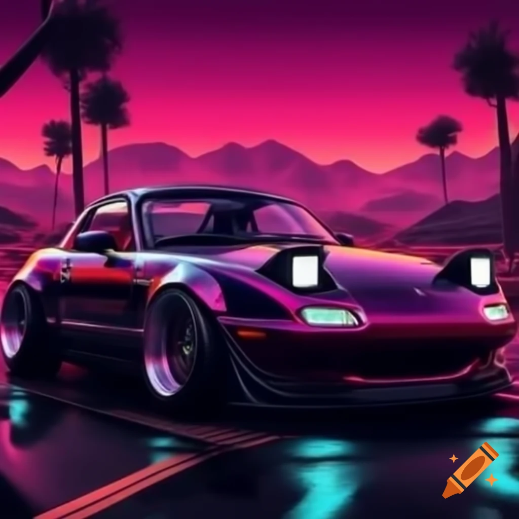 Mazda Miata in synthwave style with vibrant colors