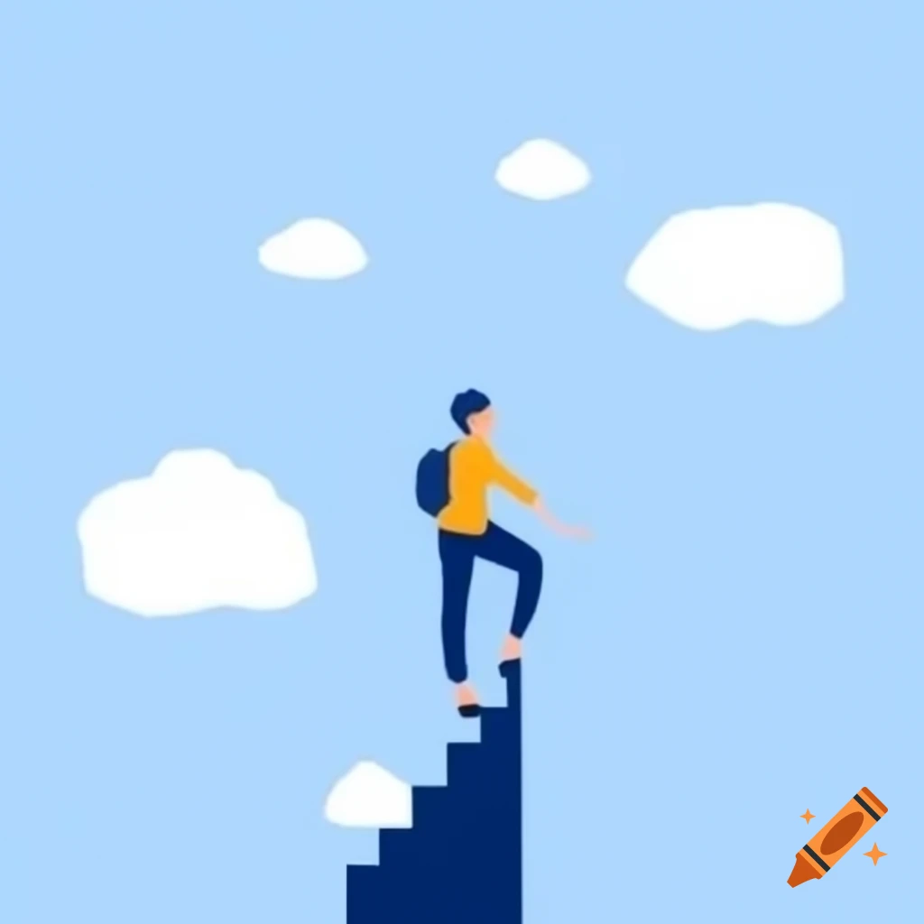Person climbing mountain with college view from the top