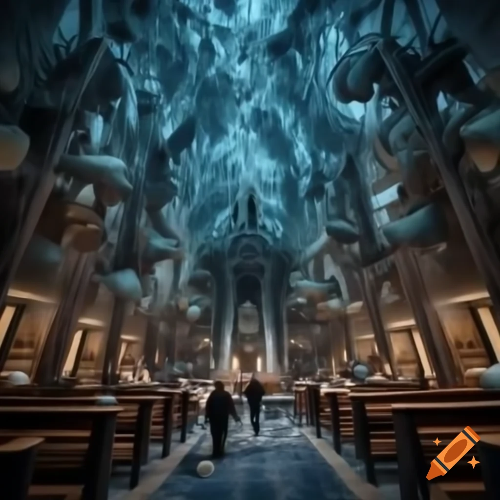 Surreal bronze engraving of bustling church in abyssal depths, blue palette