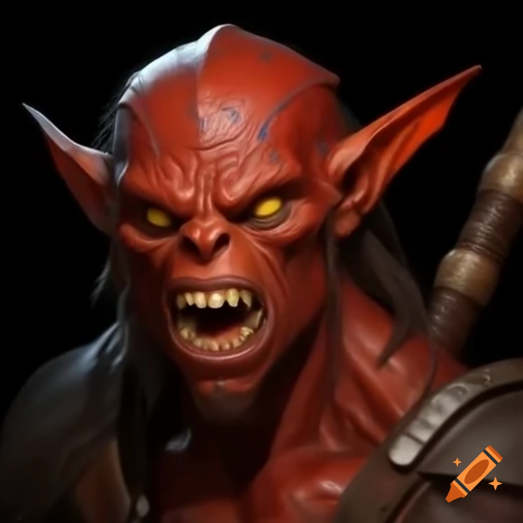 Realistic male hobgoblin warrior with red-orange skin and fierce expression, holding scimitar
