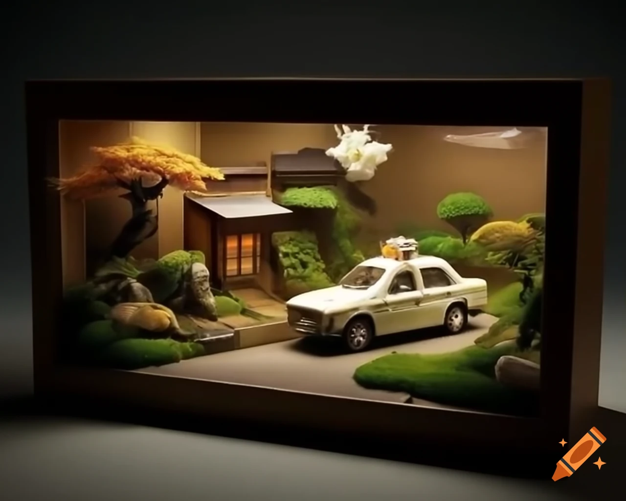 Miniature diorama of a taxi in a flower-filled Japanese neighborhood during golden hour