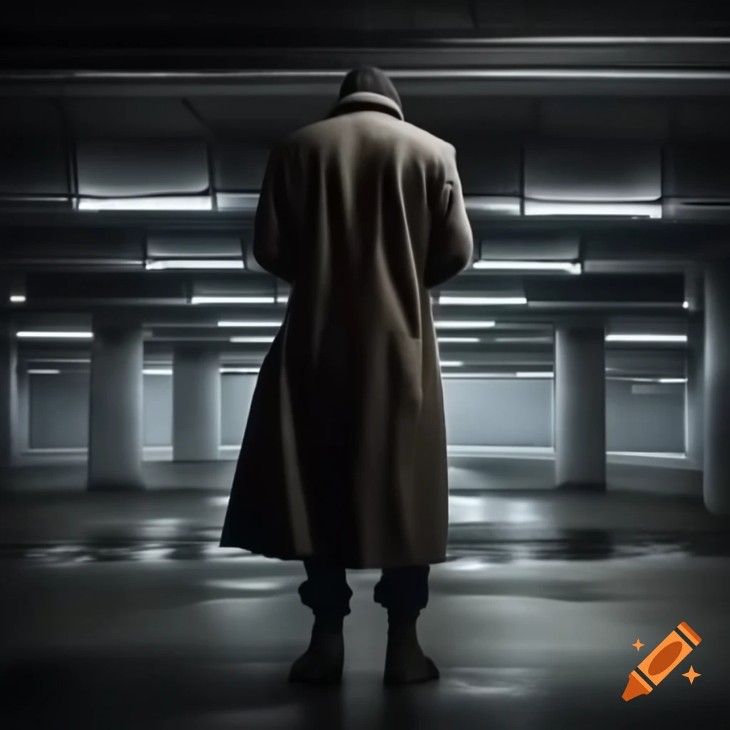 Silhouette of a criminal in t-pose in underground parking garage