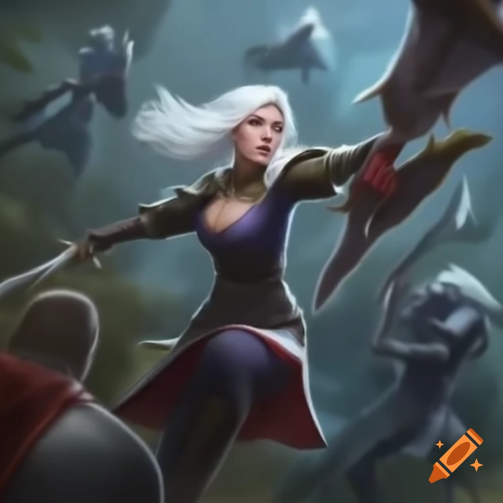White-haired mage woman flying with glaives among knights