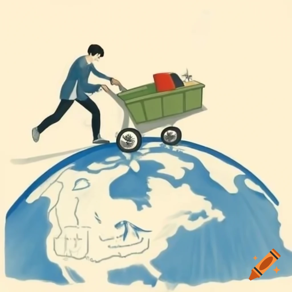 Person pushing wheelbarrow full of Japanese Yen while walking on globe, representing international finance