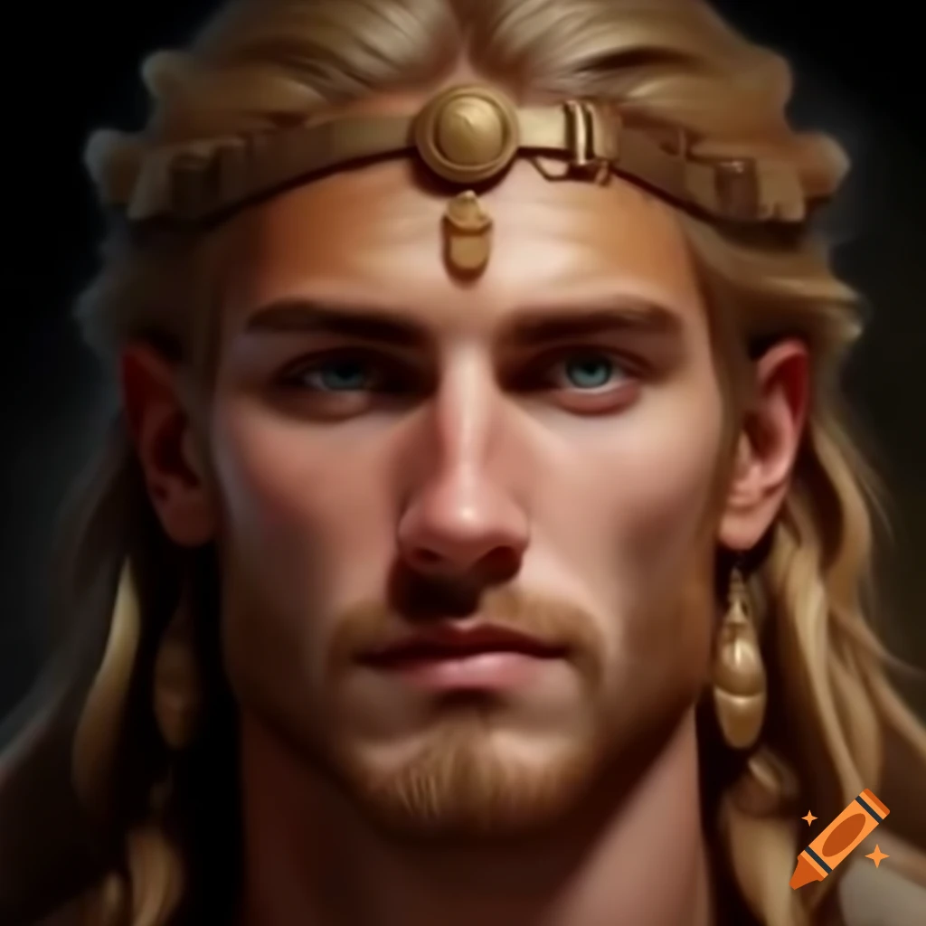 Realistic portrait of greek god apollo depicting sun rays and golden