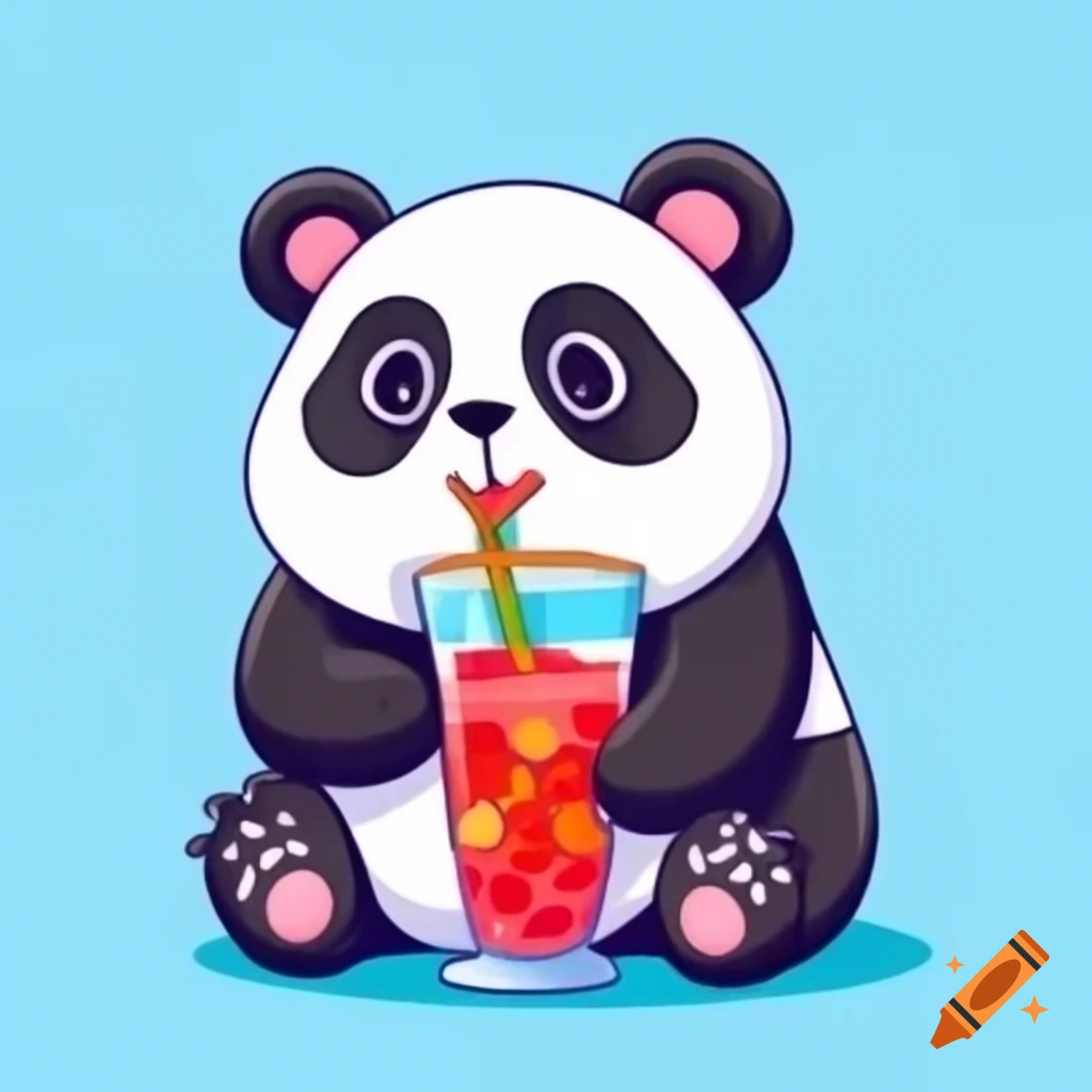 Cartoon art of a panda bear enjoying a juicy strawberry drink
