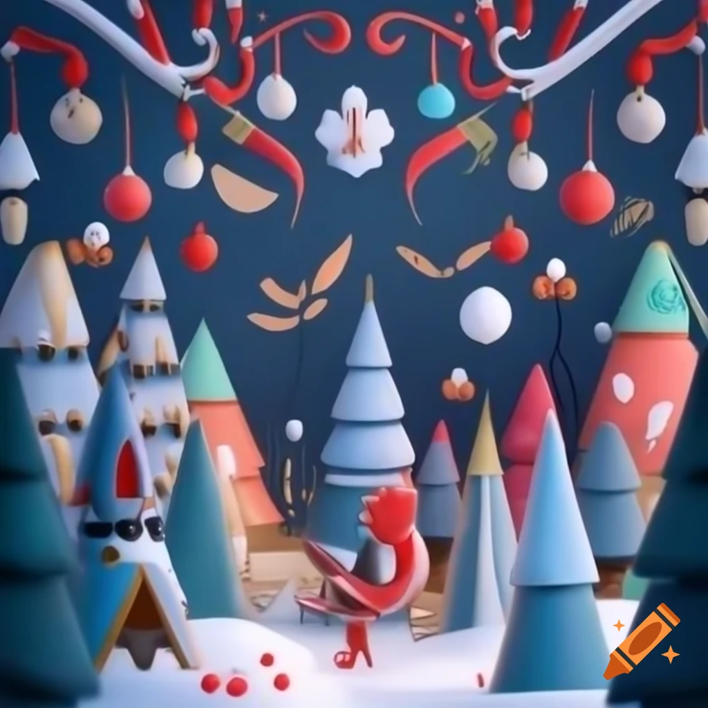 3D illustration of Christmas forest scene merging Native Salish and Russian fairytale motifs