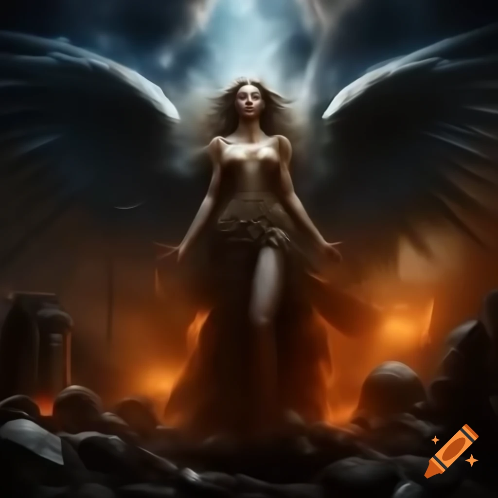 Dream War aftermath with ruins, smoke, and mythological creatures