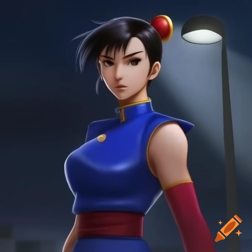 Anime Chun-li from Street Fighter in front of large floodlight