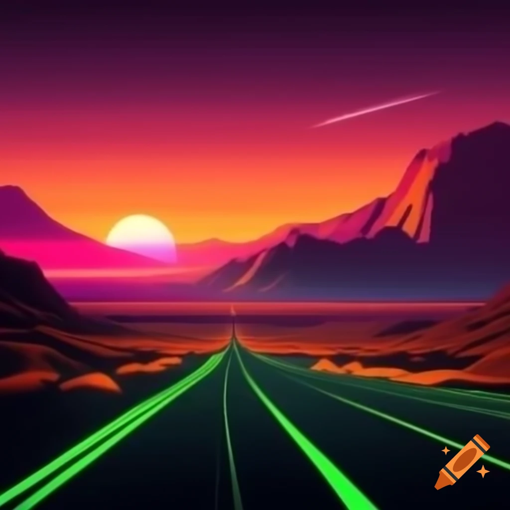 VaporWave themed image with retro car on road and neon colors
