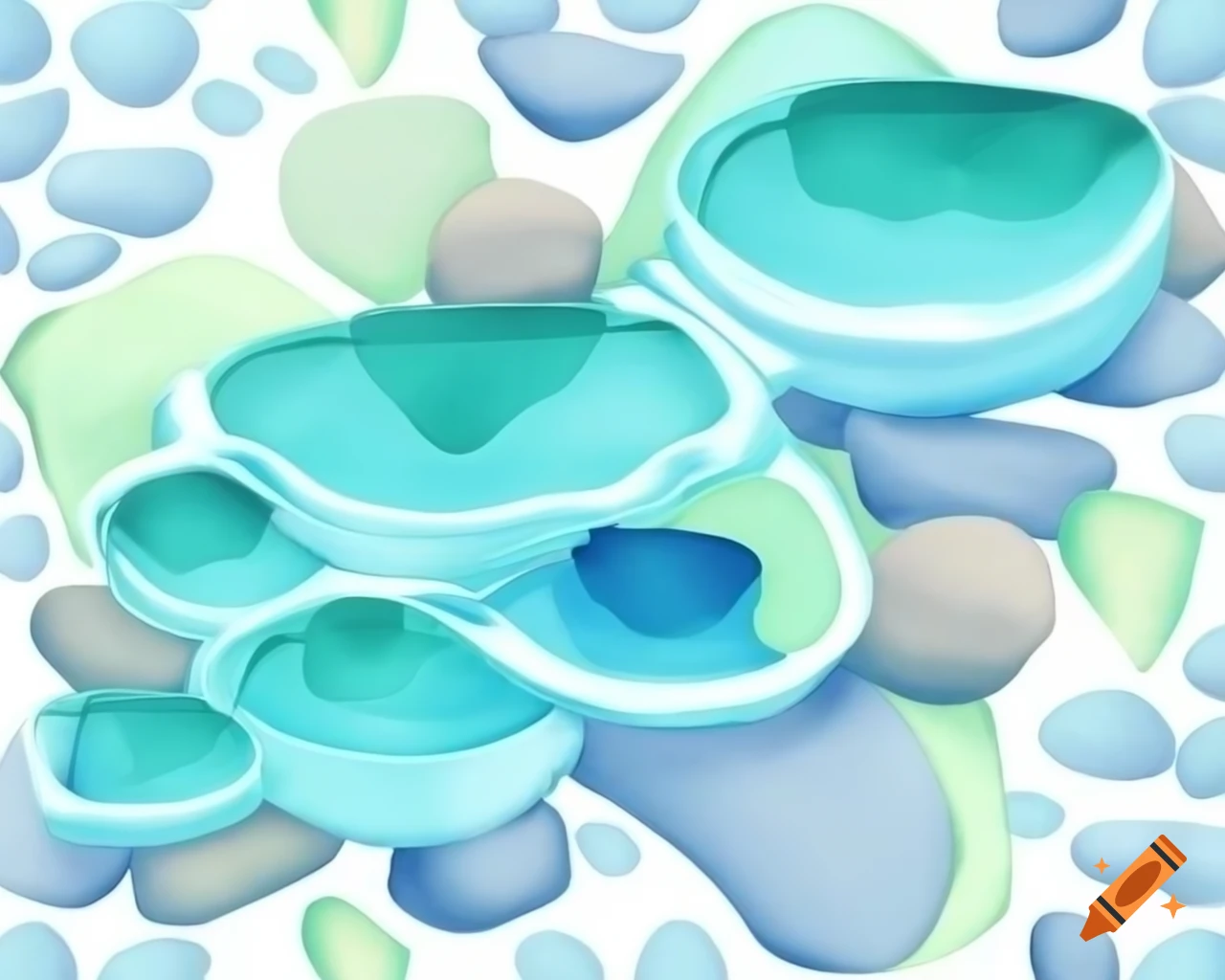 Bubbling brook over pebbles in aqua blue and green watercolor cartoon style