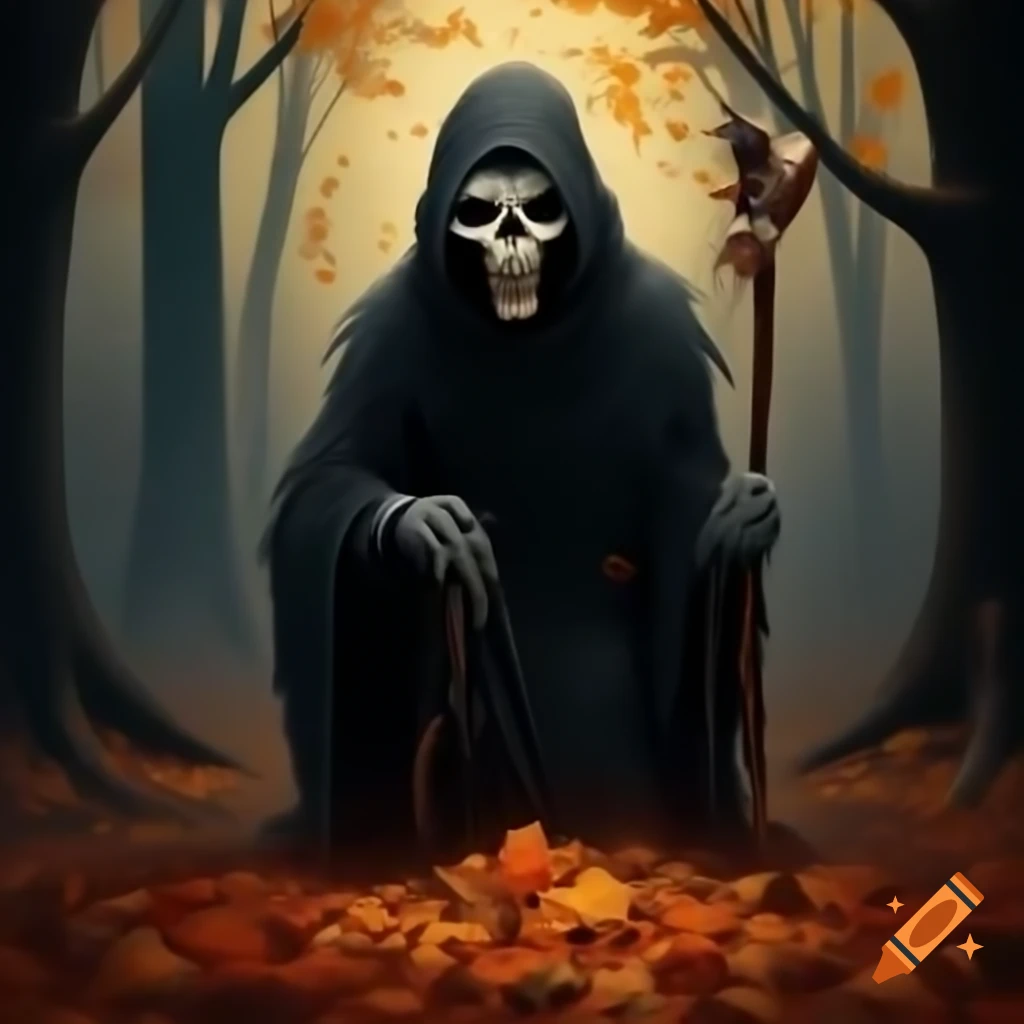 Grim Reaper observing autumn leaves falling