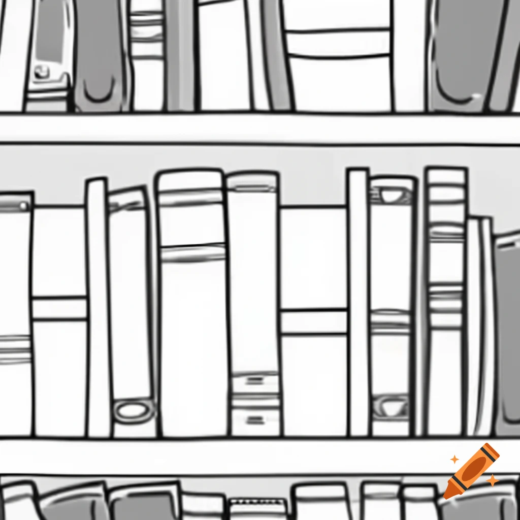 Line drawing of books on a bookshelf