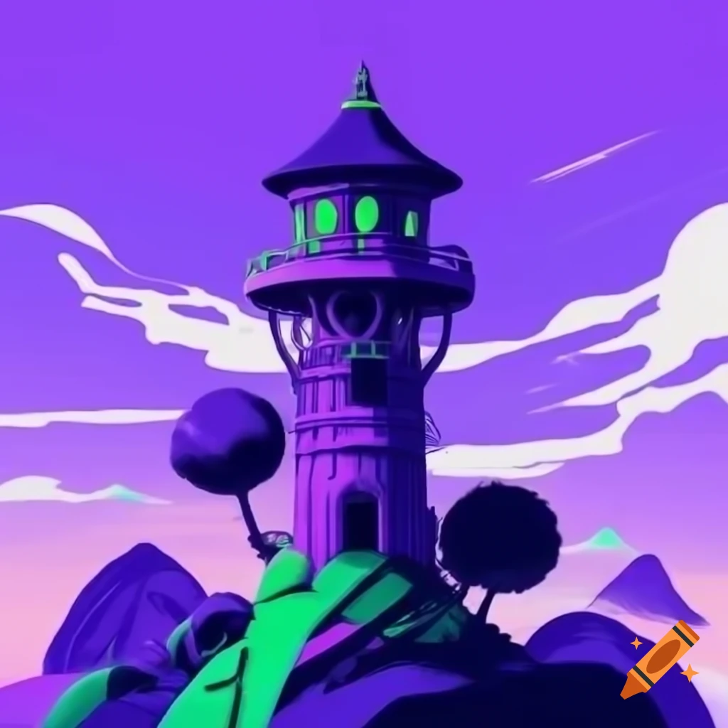 Inspiring illustration of a large purple tower with green highlights