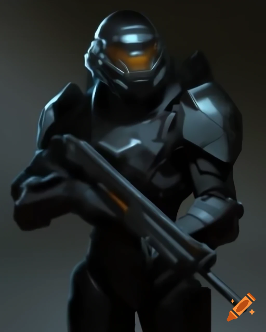 Sci-fi fantasy soldier in black armor holding rifle, close-up digital art