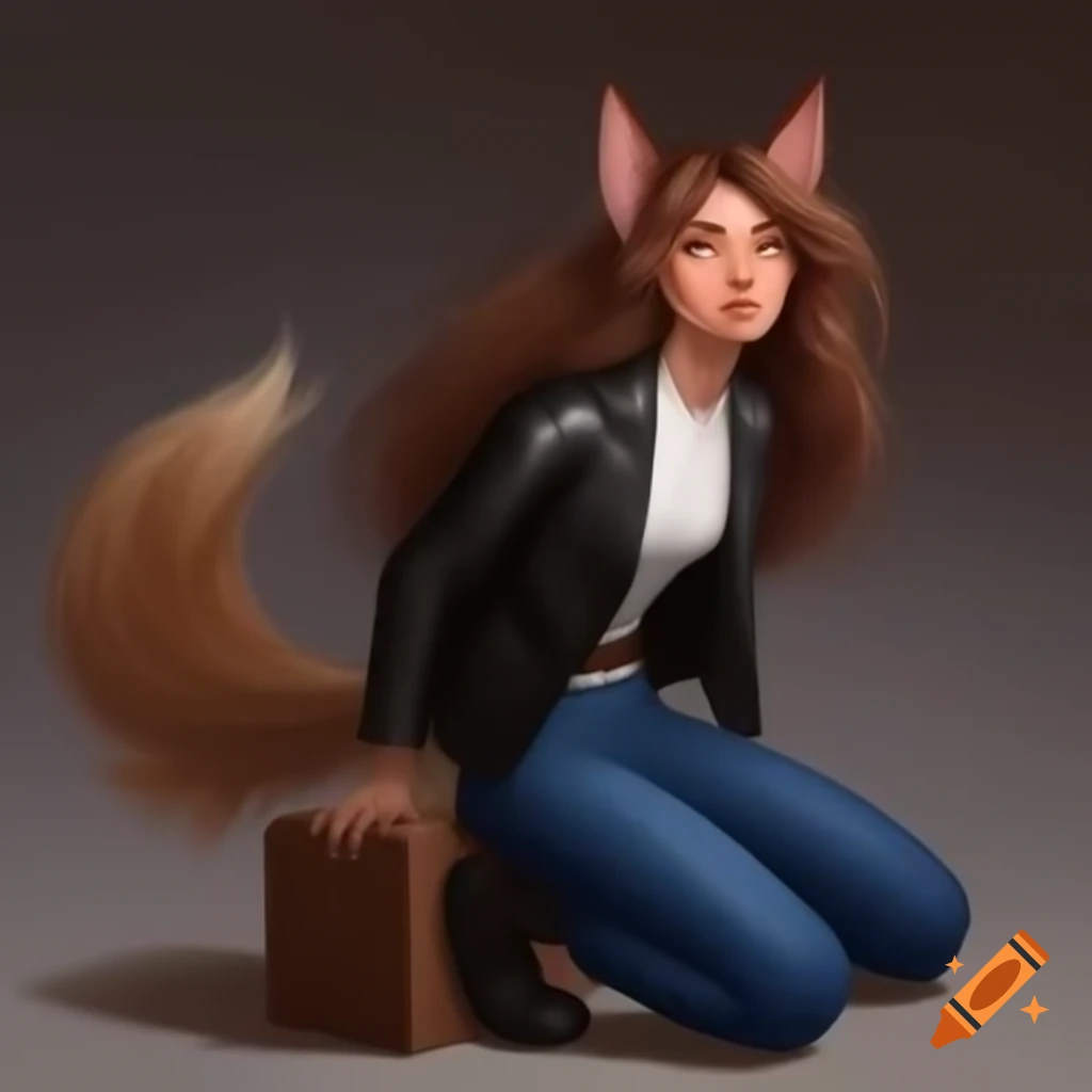 Anime woman with dog ears and tail in black leather jacket and blue jeans sitting on a box