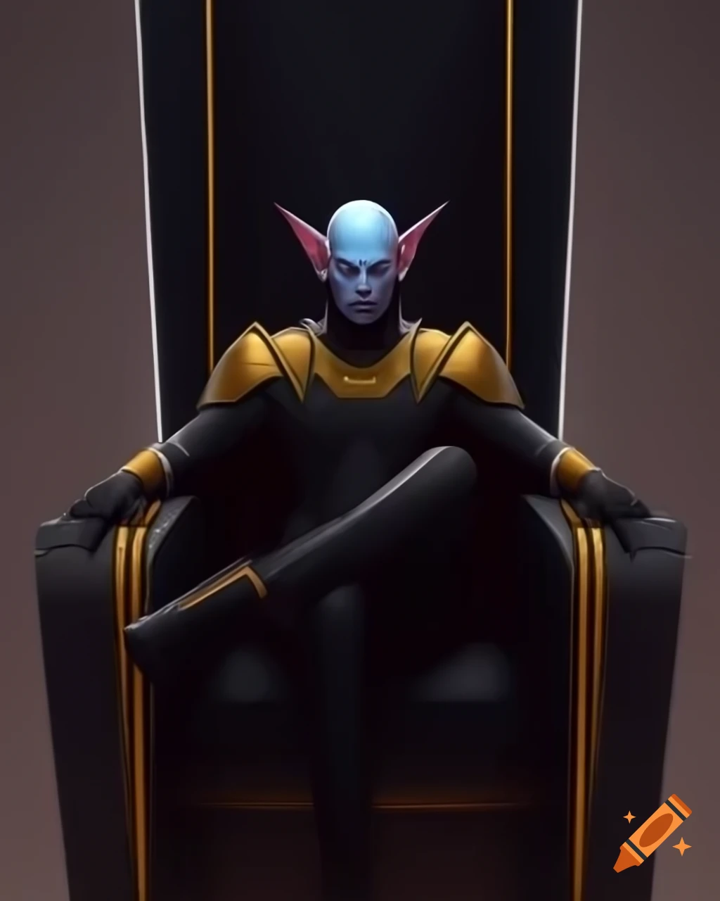 Sci-fi fantasy emperor with grey skin and pointed ears seated on a black-gold throne