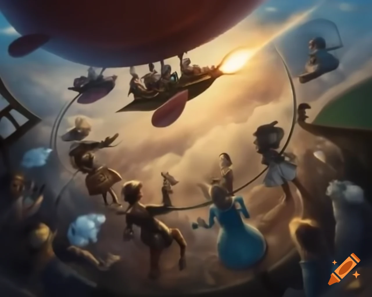 Steampunk airship adventure soaring through clouds, clockwork and brass design