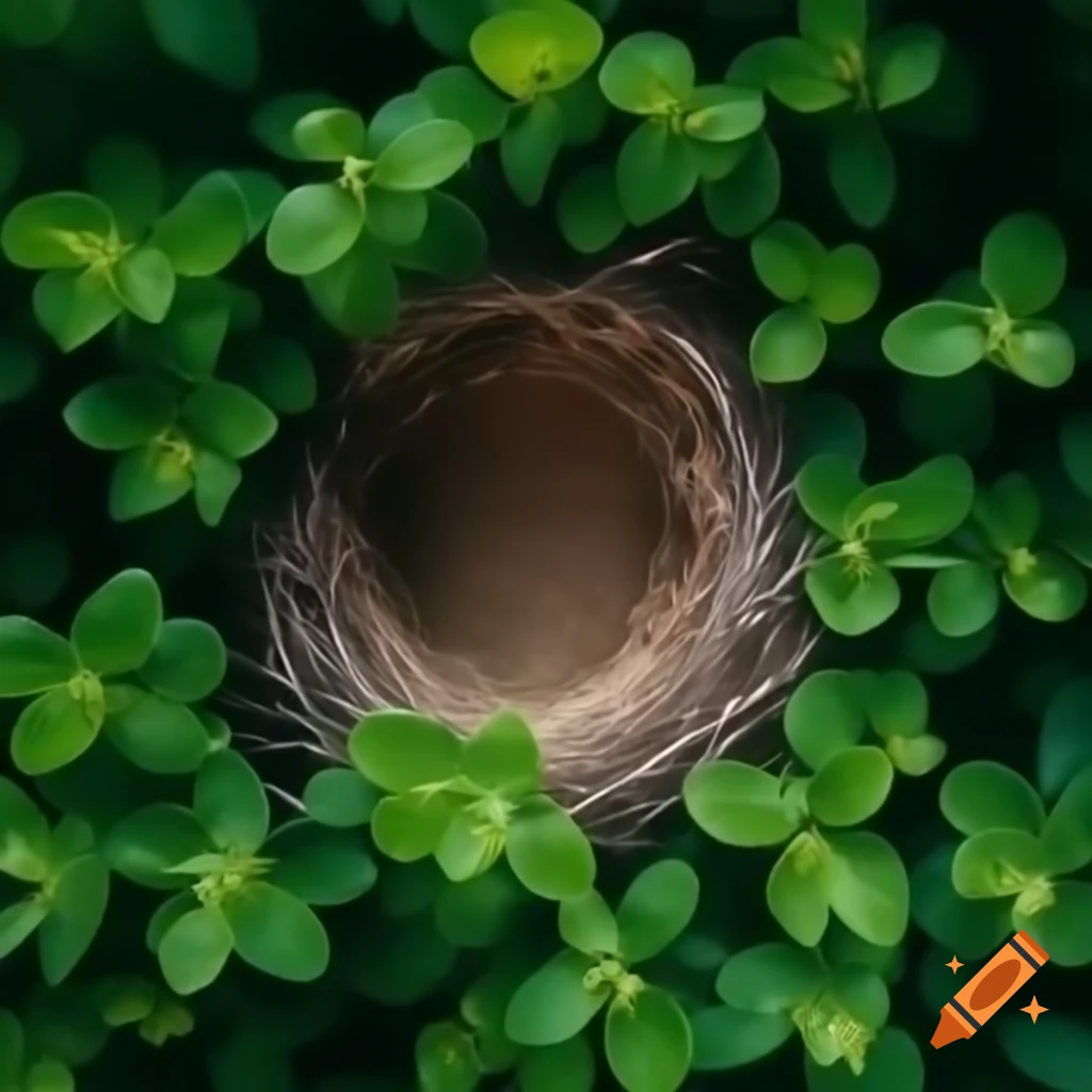 Empty green nest on green branches background