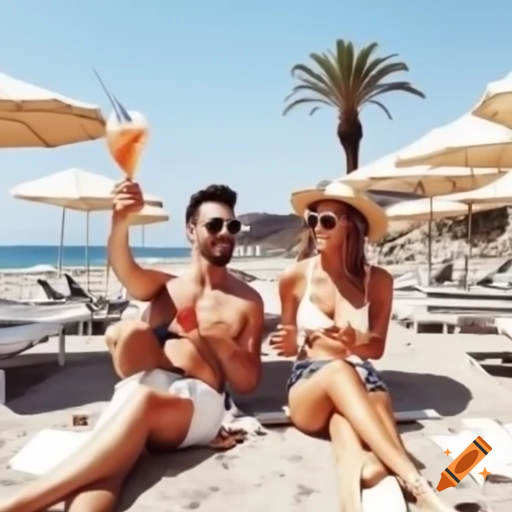 Two friends on beach in Greece enjoying cocktails in sun loungers with palm trees