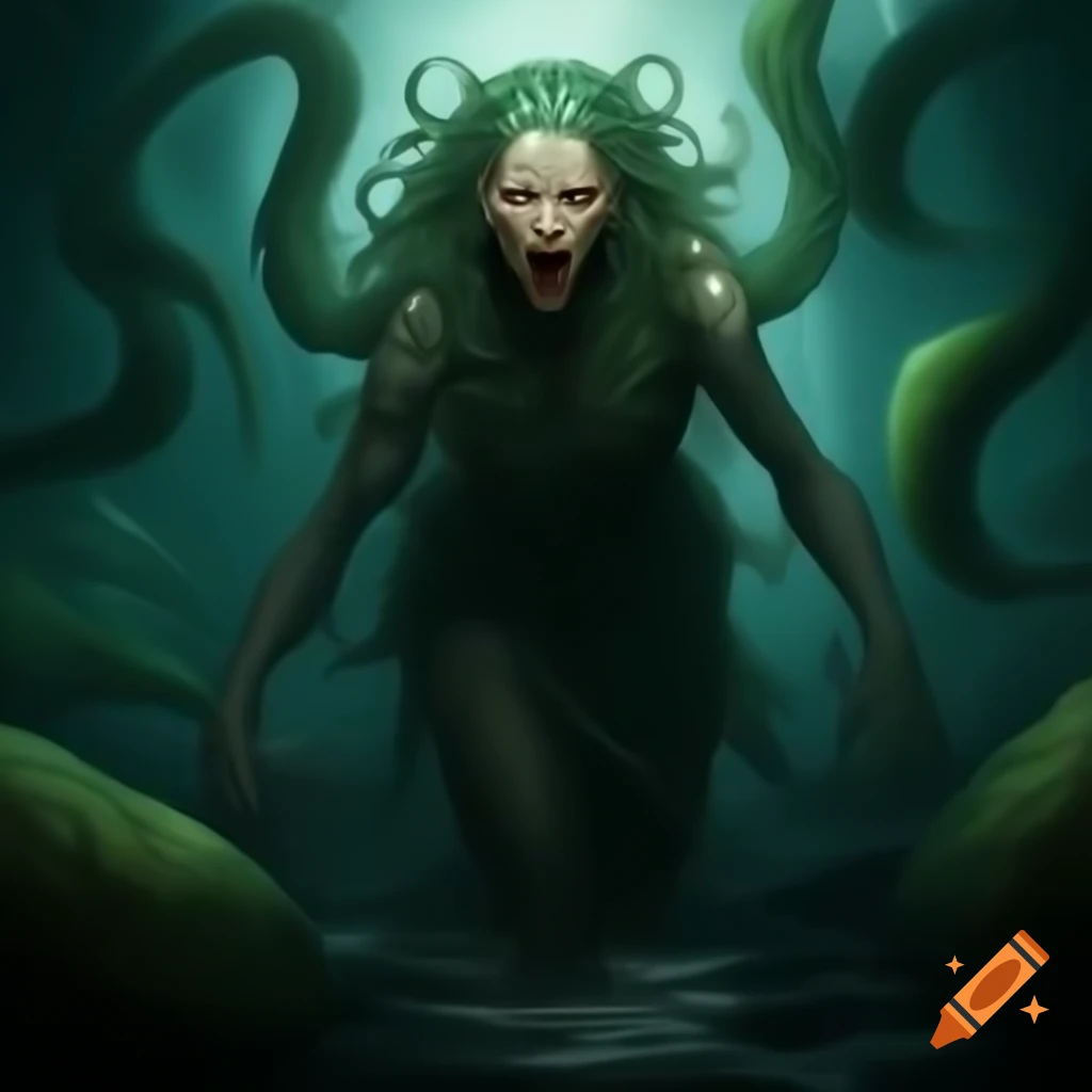 Fearsome ancient creature inspired by Grendel's mother, monstrous and human-like