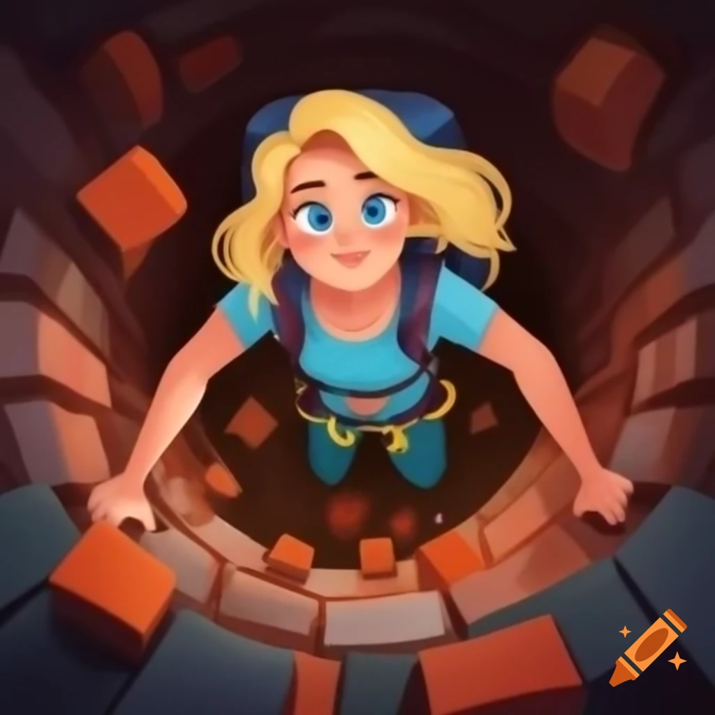 Blonde woman with blue eyes climbing inside brick well with backpack