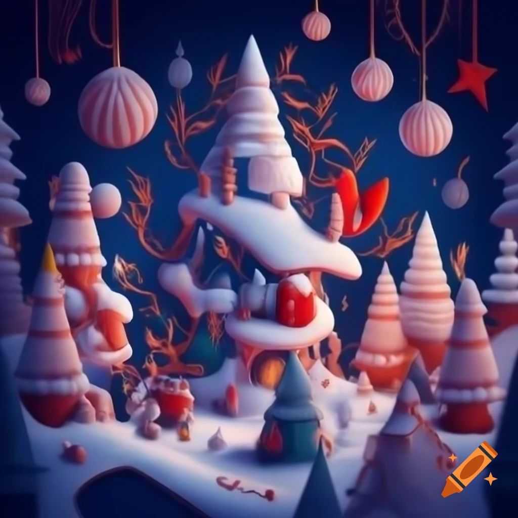 Panorama illustration of Christmas forest combining Salish and Russian fairytale motifs