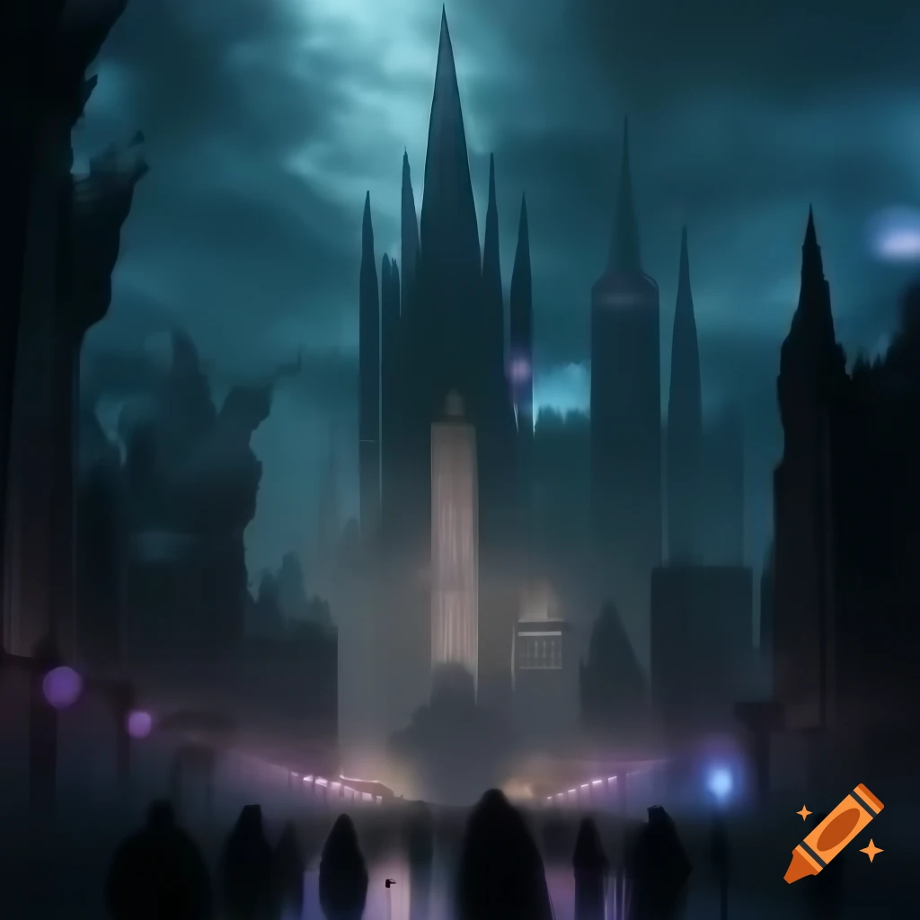 Futuristic cityscape with gothic architectural elements and towering skyscrapers