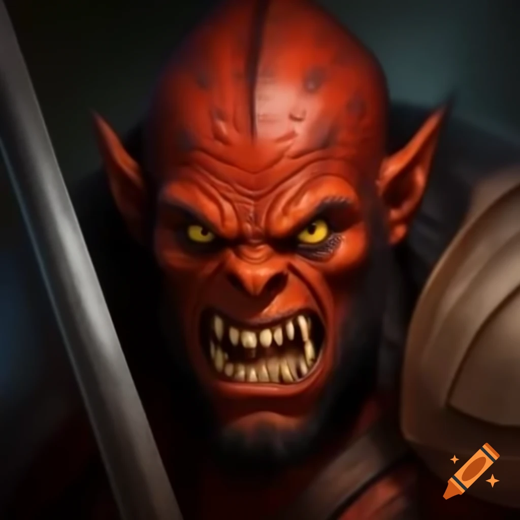 Realistic male hobgoblin warrior with red-orange skin and fierce expression, holding scimitar