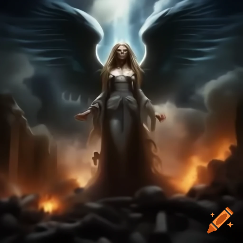 Dream War aftermath with ruins, smoke, and mythological creatures