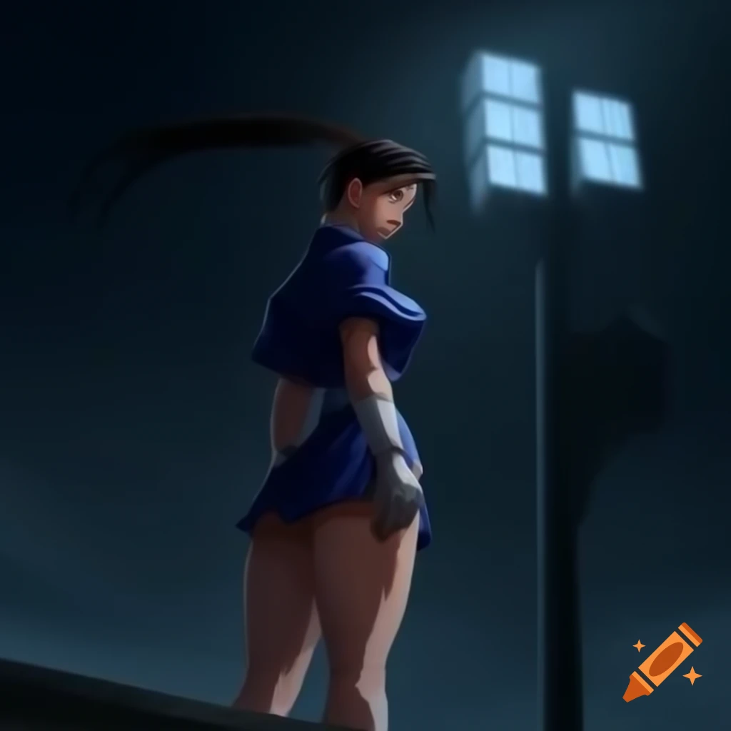 Anime character Chun-li from Street Fighter in front of floodlight