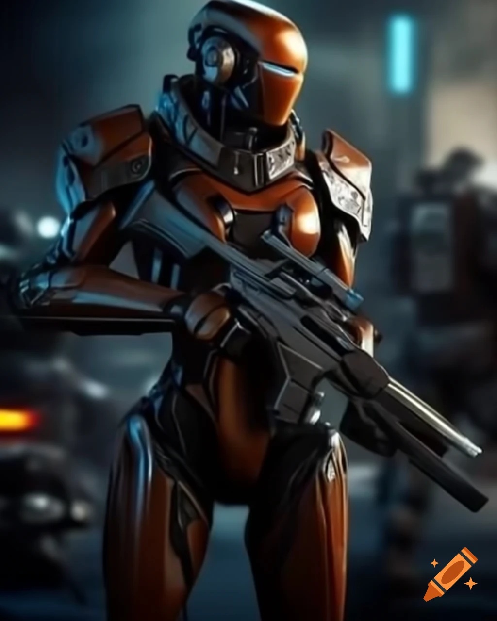 Cyborg warrior in armor with laser rifle in futuristic battlefield