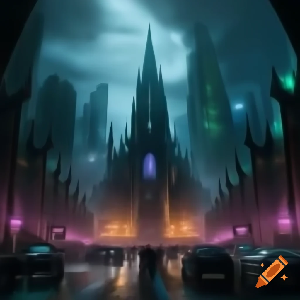 Futuristic cityscape with gothic architectural elements and towering skyscrapers