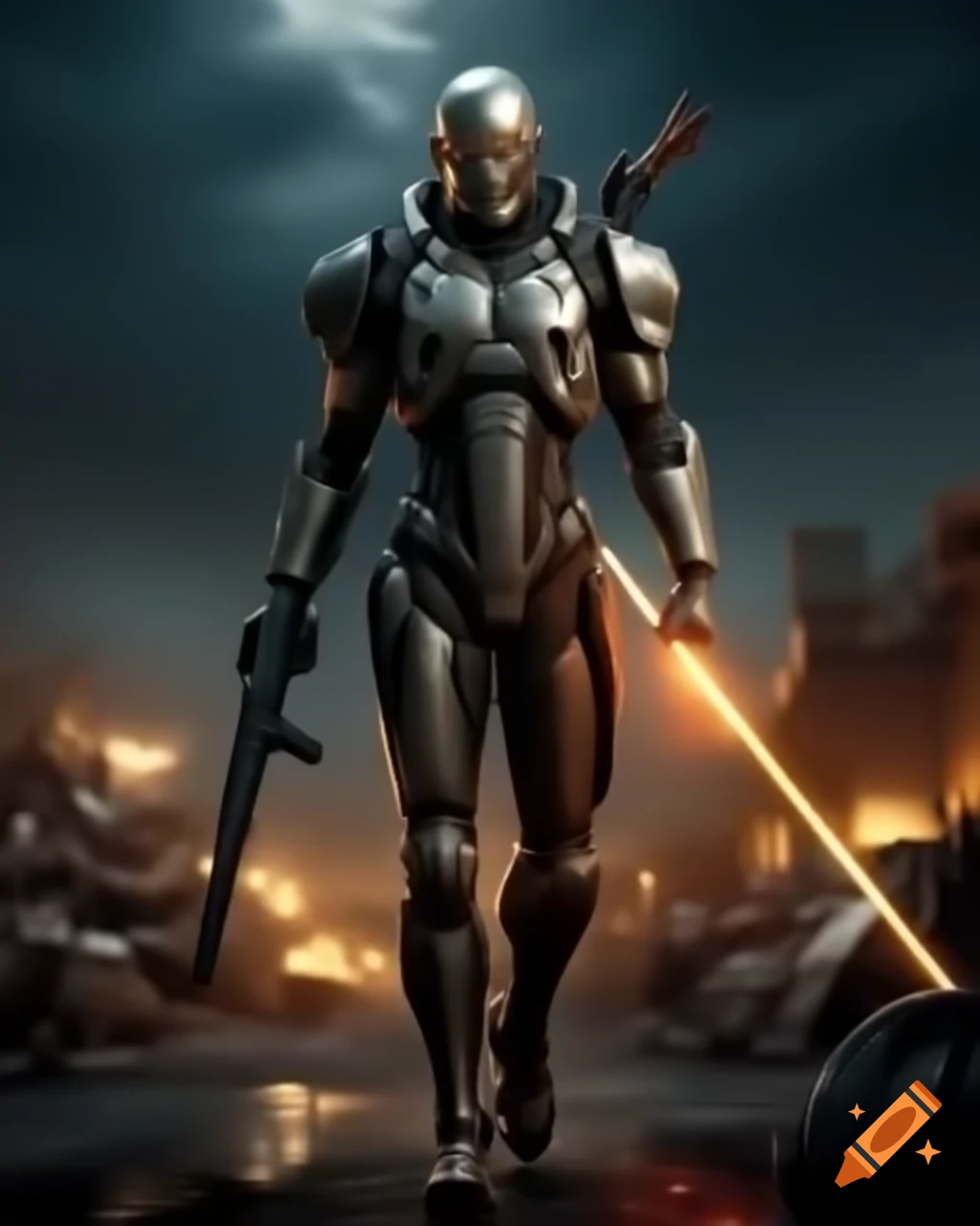 Cyborg warrior in armor with laser rifle in post-apocalyptic wasteland