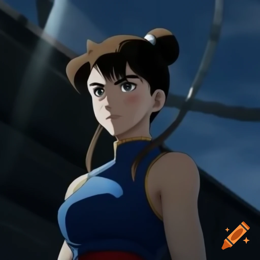 Anime-style Chun-Li from Street Fighter standing before floodlight