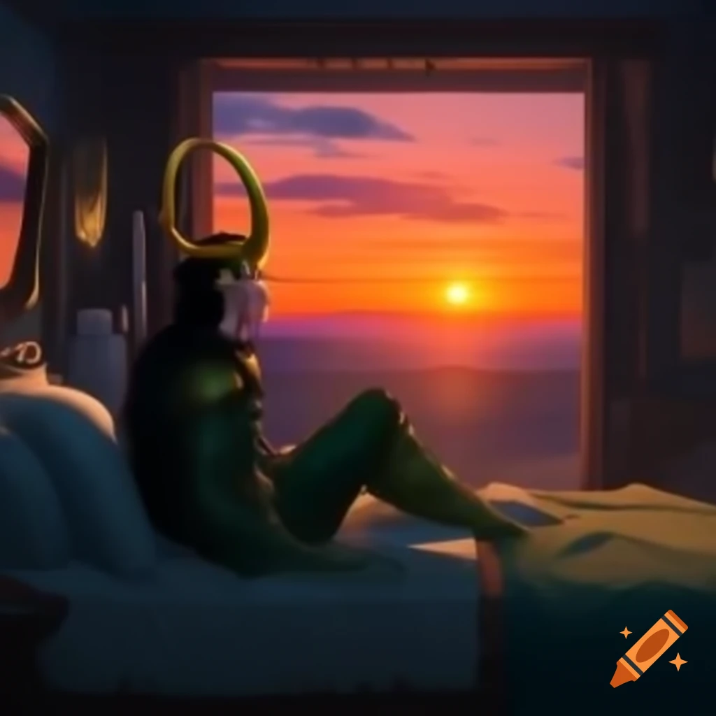 Loki watching sunset from bedroom window over Asgard